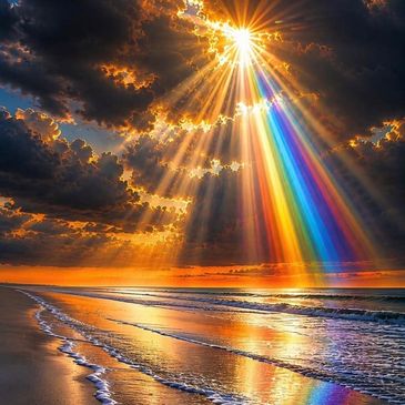 Sun rays with a rainbow over the ocean at sunset.