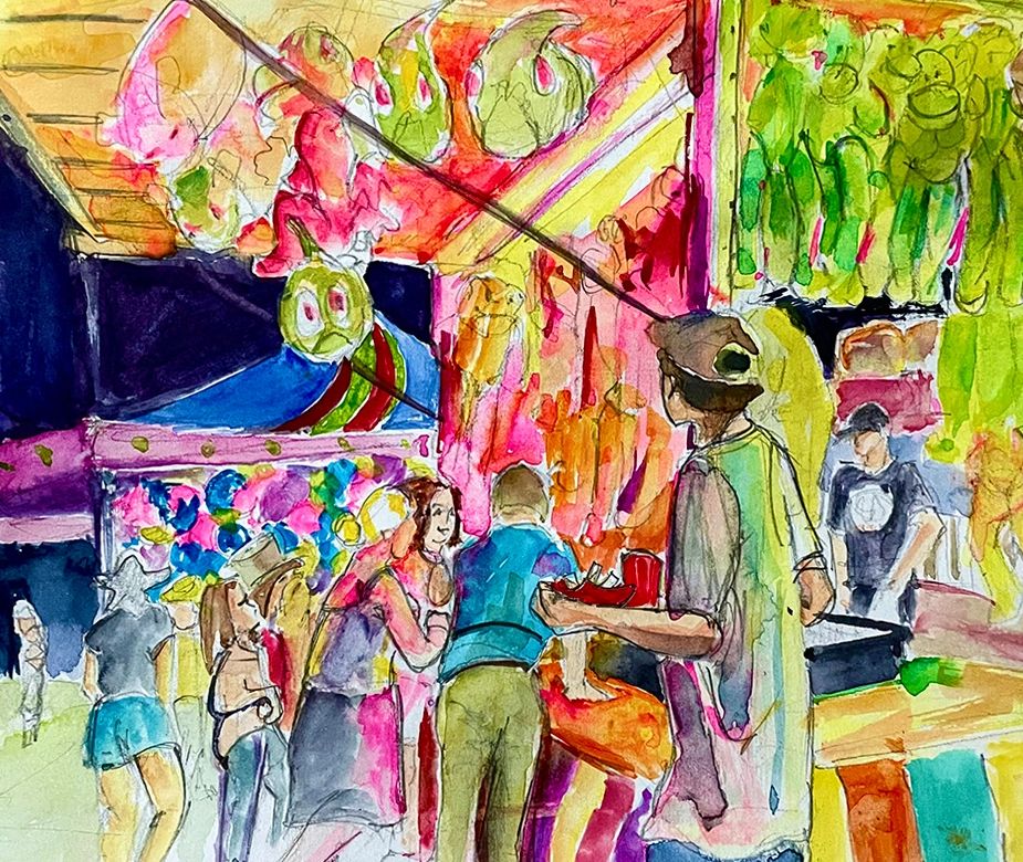 Watercolor painting of a lively carnival game booth at night with people playing and colorful prizes.