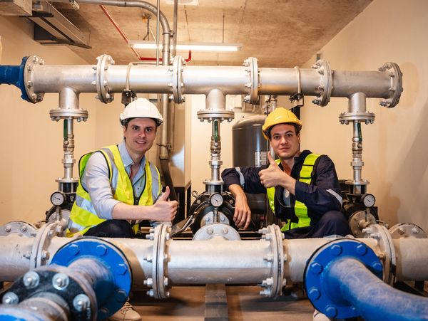 Engineers with thumbs up amidst pipes.