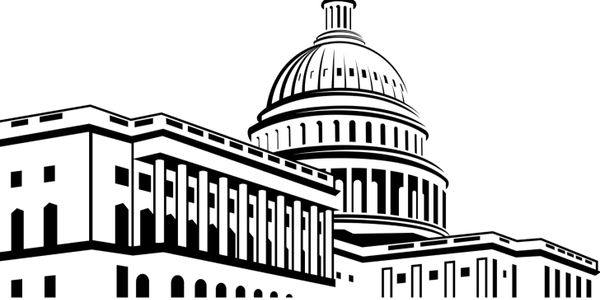 Black and white illustration of the U.S. Capitol building dome and facade.