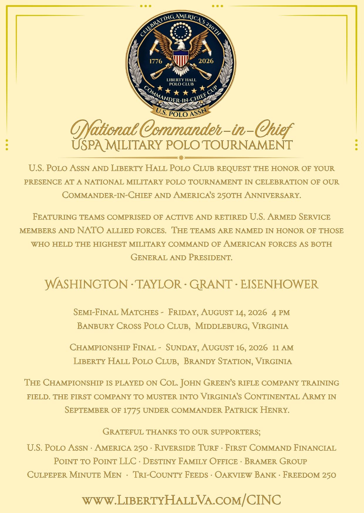Invitation for USPA Military Polo Tournament celebrating America's 250th anniversary.