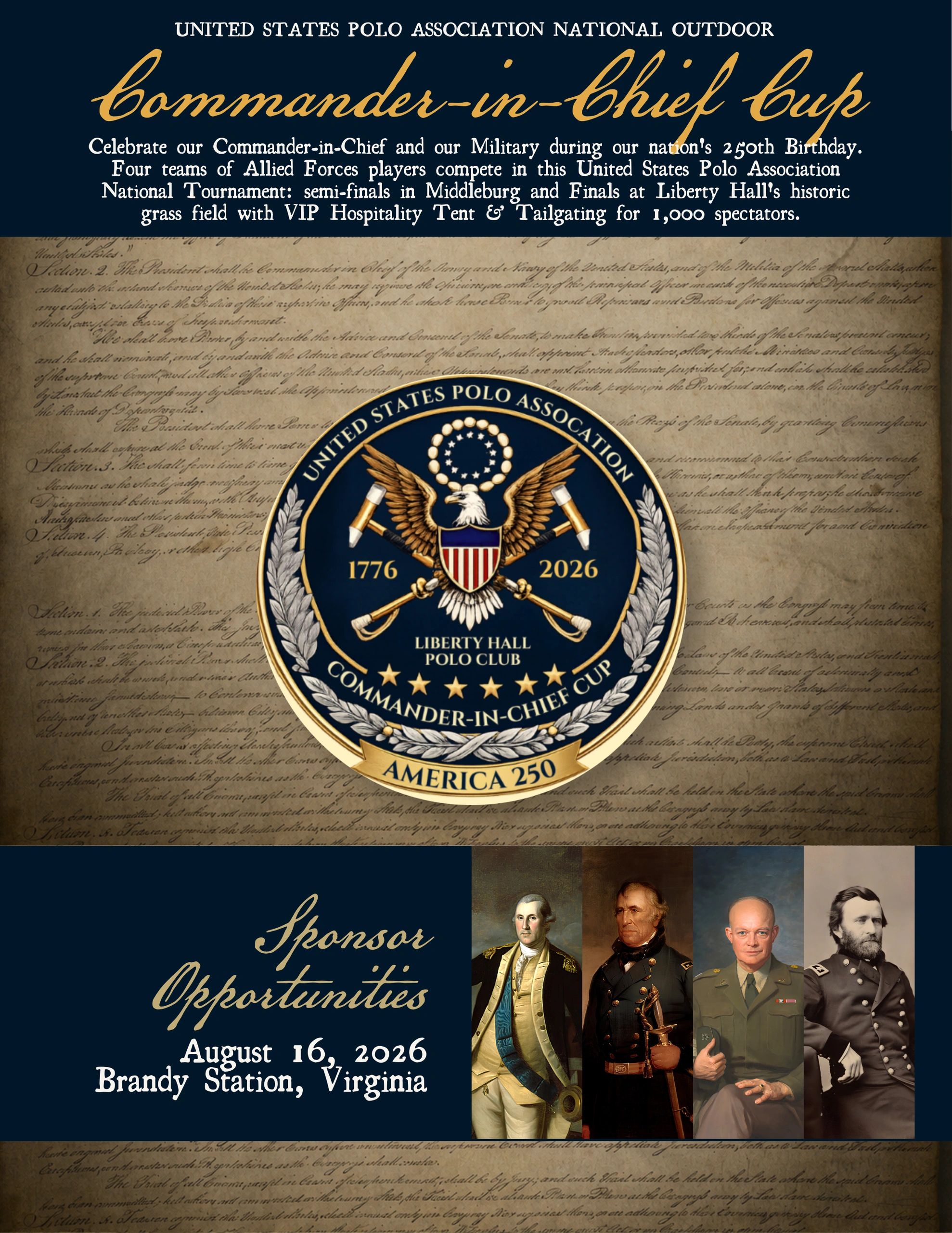 Poster for the 2026 Commander-in-Chief Cup polo tournament commemorating America's 250th birthday.