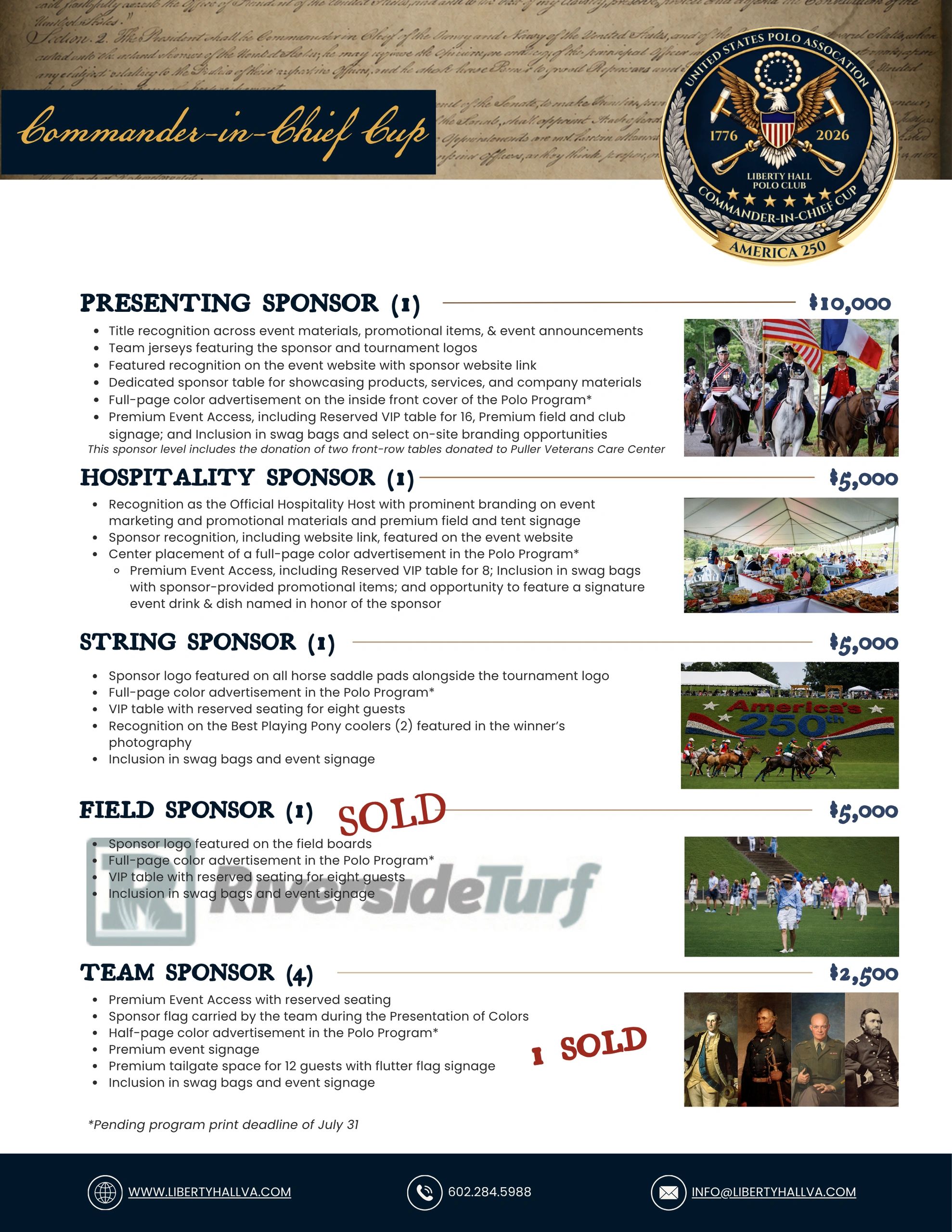 Commander-in-Chief Cup sponsorship levels and benefits with images of polo and event scenes.
