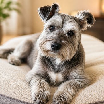 Cute gray dog lying on a cozy bed looking attentively.
