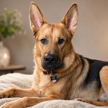 German Shepherd lying on a bed looking attentively at the camera.