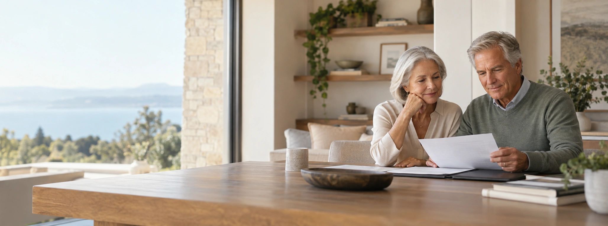 Retired couple reviewing estate planning documents at home