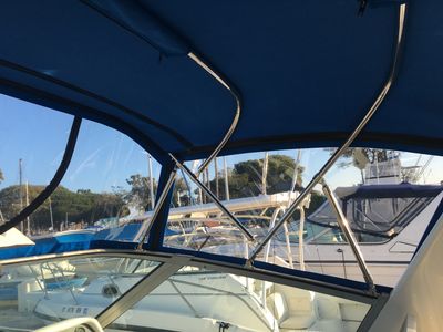 Interior photo of a bimini top using Sunbrella Marine Canvas and Strataglass 