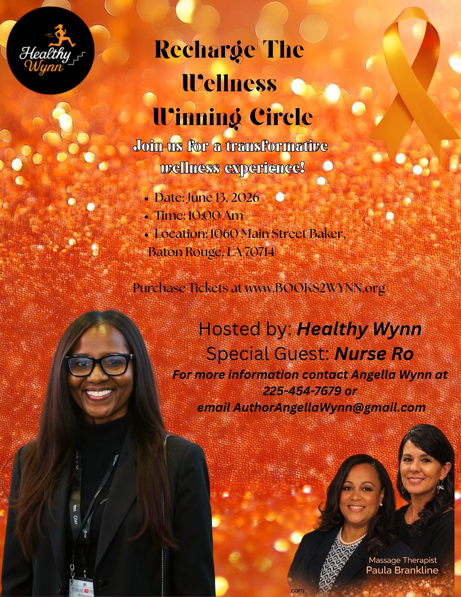 Wellness event poster featuring hosts and special guests with event details and an orange background.
