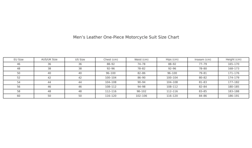 Men's Motorbike Racing Suit Size Chart for reference purposes.
