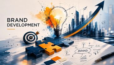 Illustration showing brand development with lightbulb, puzzle pieces, and growth chart.