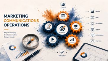 Marketing communications operations with strategy and optimization gears.