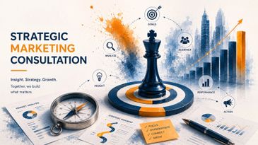 Strategic marketing consultation visual with chess king on target and charts.