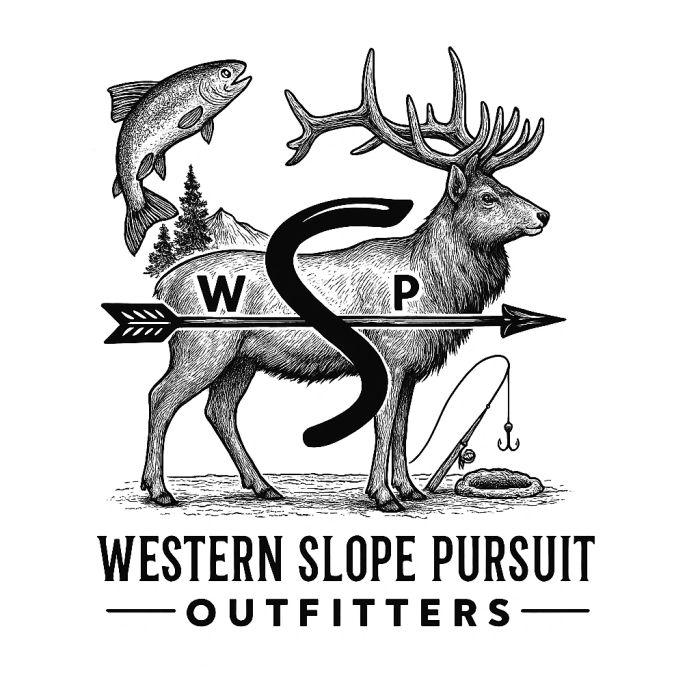 Logo featuring a detailed elk, fish, arrow, and fishing rod with mountains and trees.