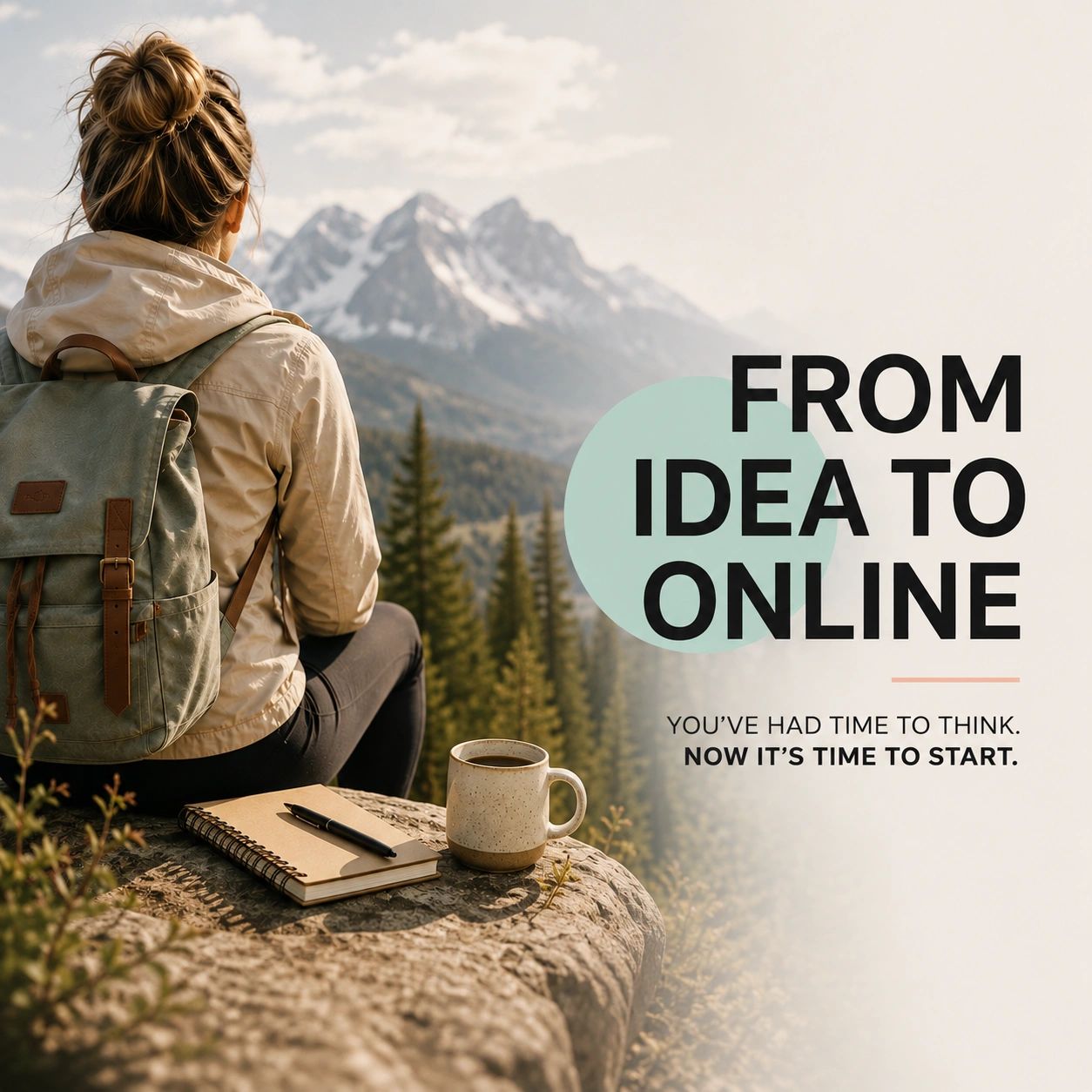 Woman enjoys mountain view with notebook and coffee, motivational text overlay.