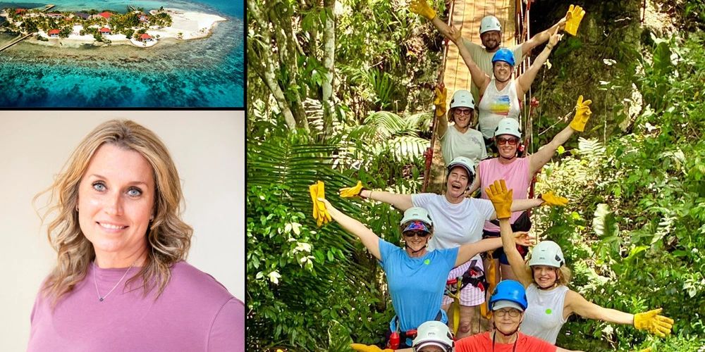 A woman smiling and a group enjoying a zipline adventure in a lush forest near a tropical island.