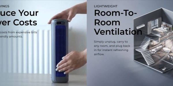 Portable heater reducing power costs with room-to-room ventilation.
