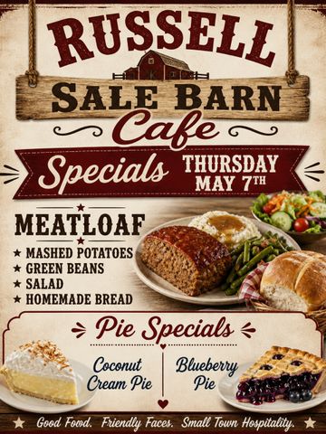 Rustic cafe menu featuring meatloaf and pie specials at Russell Sale Barn Cafe.