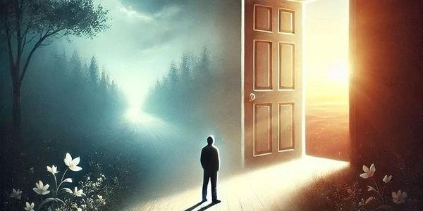 A person stands before a glowing open door leading to a bright, hopeful horizon.