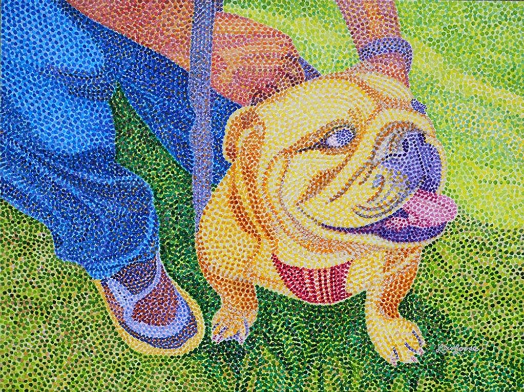 Pointillist painting of a person with a bulldog on green grass.