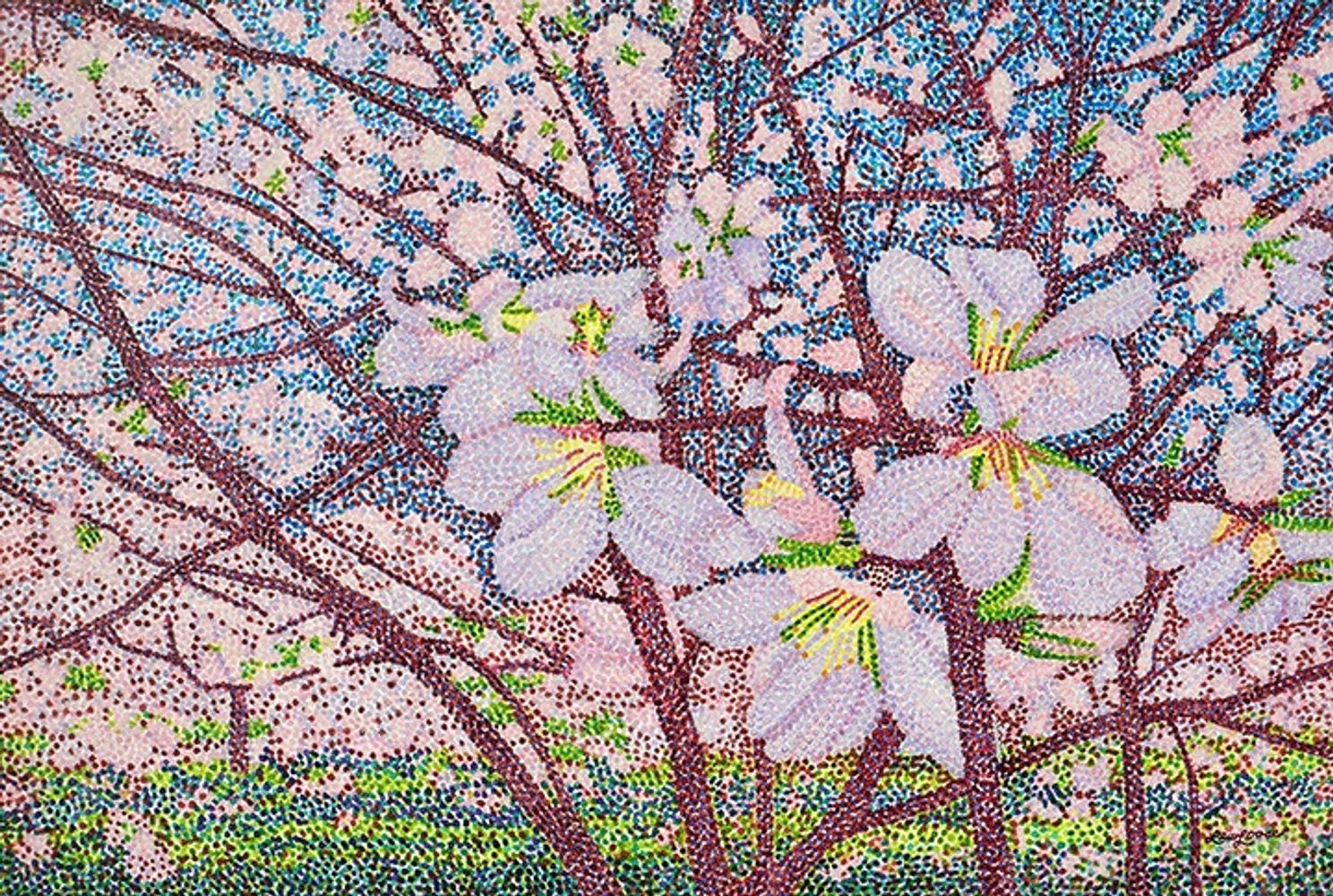 Pointillist painting of almond blossoming flowers on tree branches.