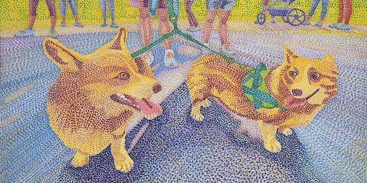 Pointillist painting of two happy corgis on leashes with people in the background.