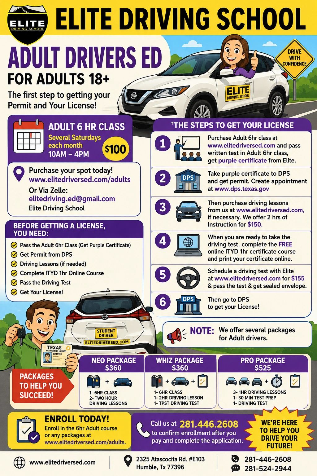 Flyer for Elite Driving School's adult drivers ed with classes, packages, and steps to get a license.