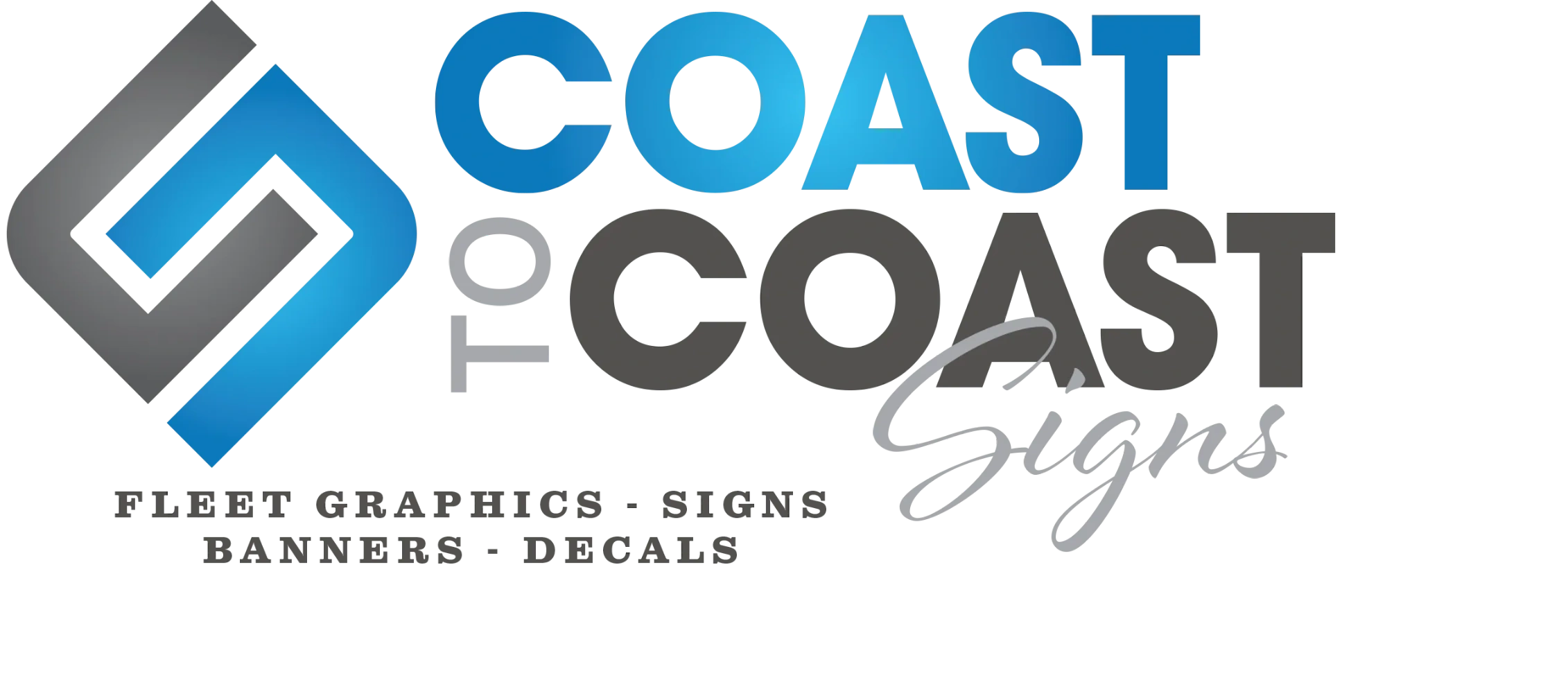 Logo for Coast to Coast Signs specializing in fleet graphics, signs, banners, and decals.