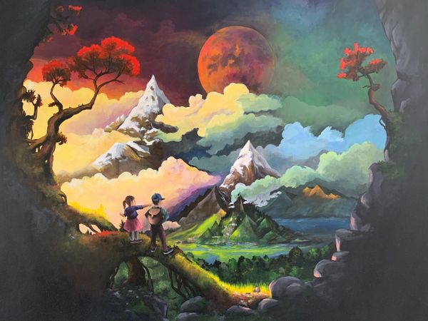 Children painting on adventurous journey looking at mountains with clouds and red moon 