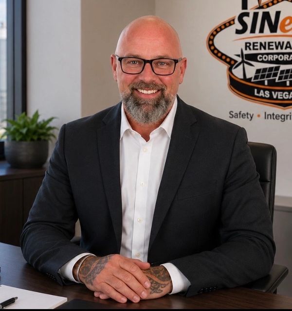 Smiling man in glasses and suit sitting at desk.