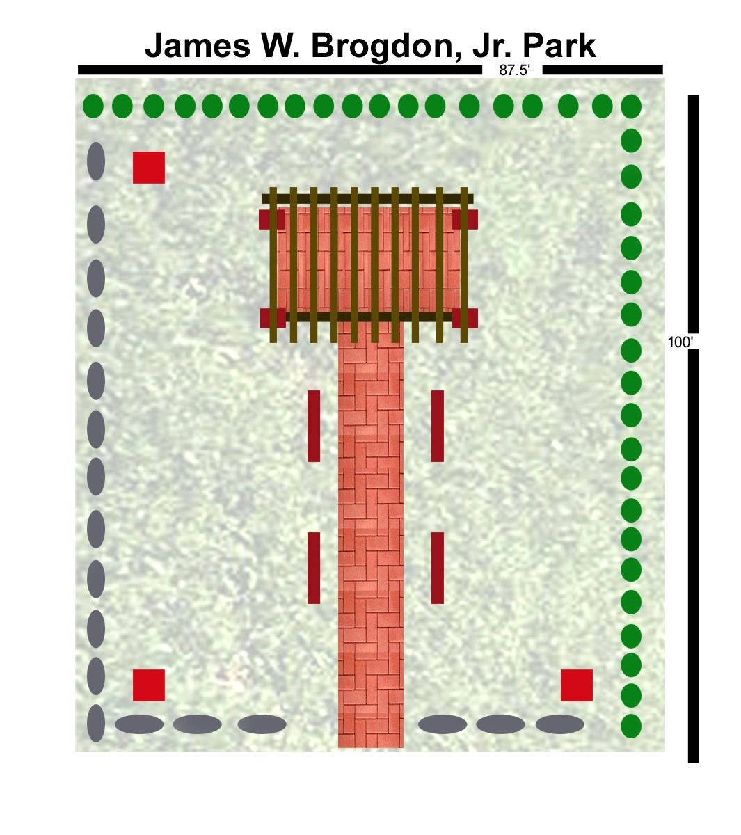 Plan-view, shows the placement of the pergola, boulders, brickpavers, trash bins, Arborvitae Trees.