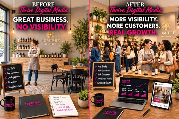 Before and after Thrive Digital Media showing business growth and visibility.