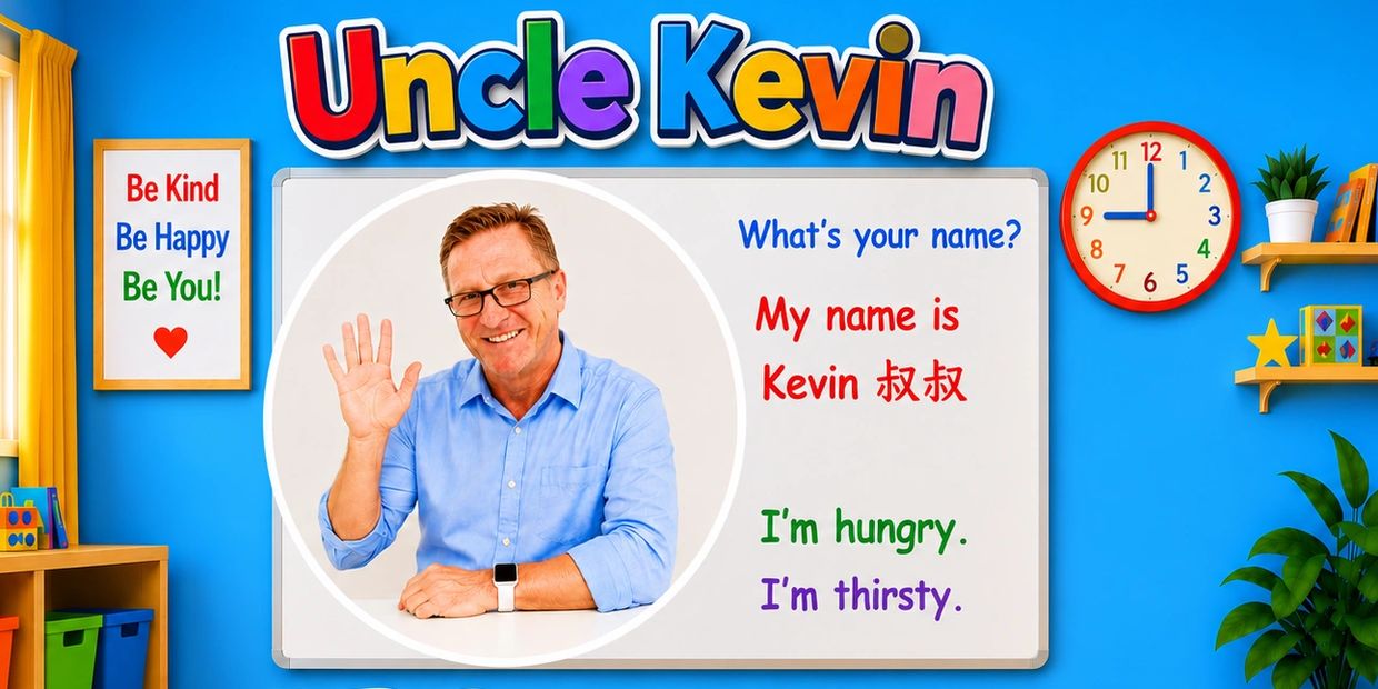 Man named Kevin waves and introduces himself on a colorful educational board.