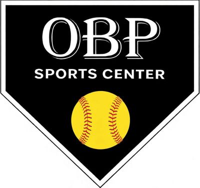 Logo of OBP Sports Center with a yellow softball on a black home plate shape.