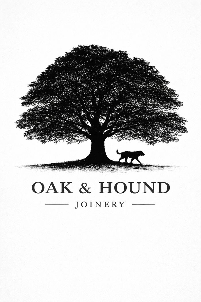 Black silhouette logo of an oak tree with a walking hound beneath it. Joinery and custom word work 