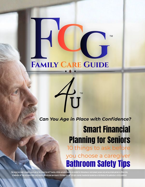 Senior man contemplating aging confidently with family care guidance.