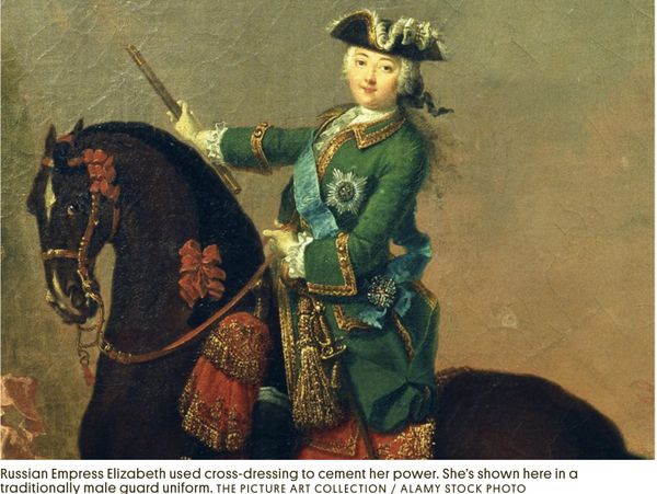 Russian Empress Elizabeth dressed in a male guard uniform on horseback.
