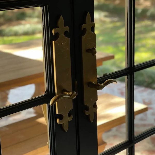 Custom satin brass handle set for french doors 