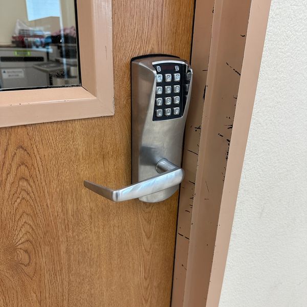 Commercial duty digital lock on an interior office door - stainless steel finish 