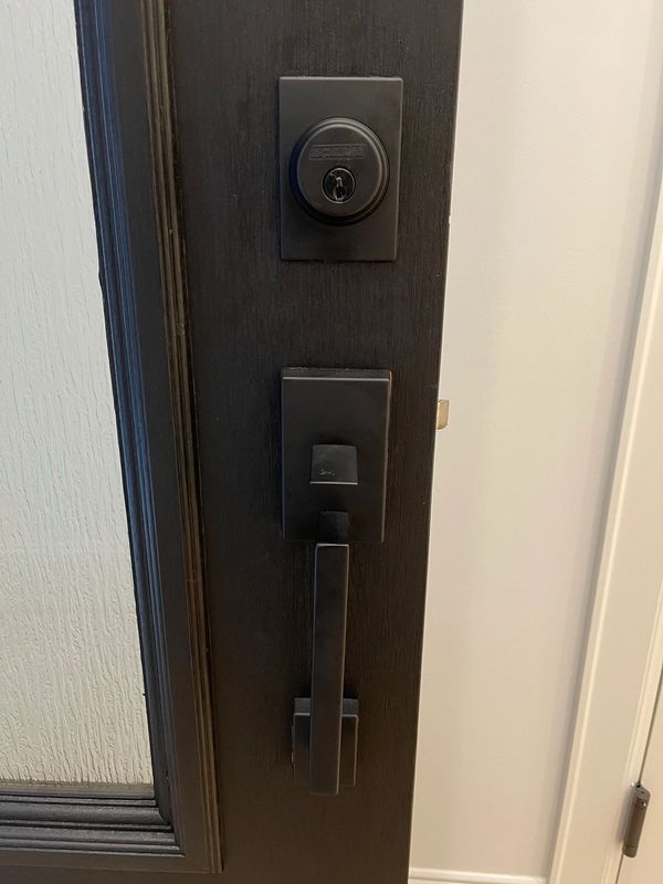 Beautiful decorative handle set on a residential door with deadbolt