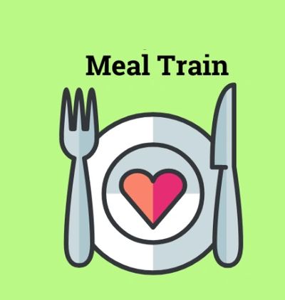 Logo showing a fork, knife, plate with heart, and the text 'Meal Train'.