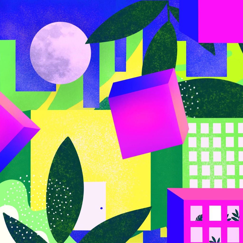 Abstract geometric shapes with a moon and leaves.