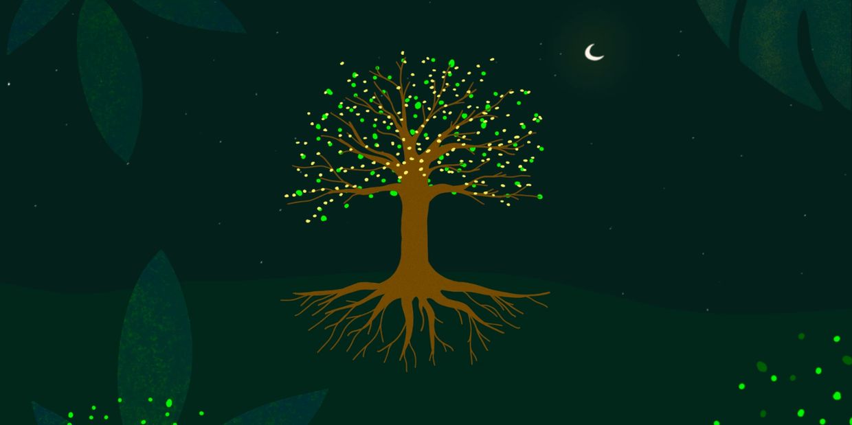 Illustration of a tree with roots and small leaves at night.