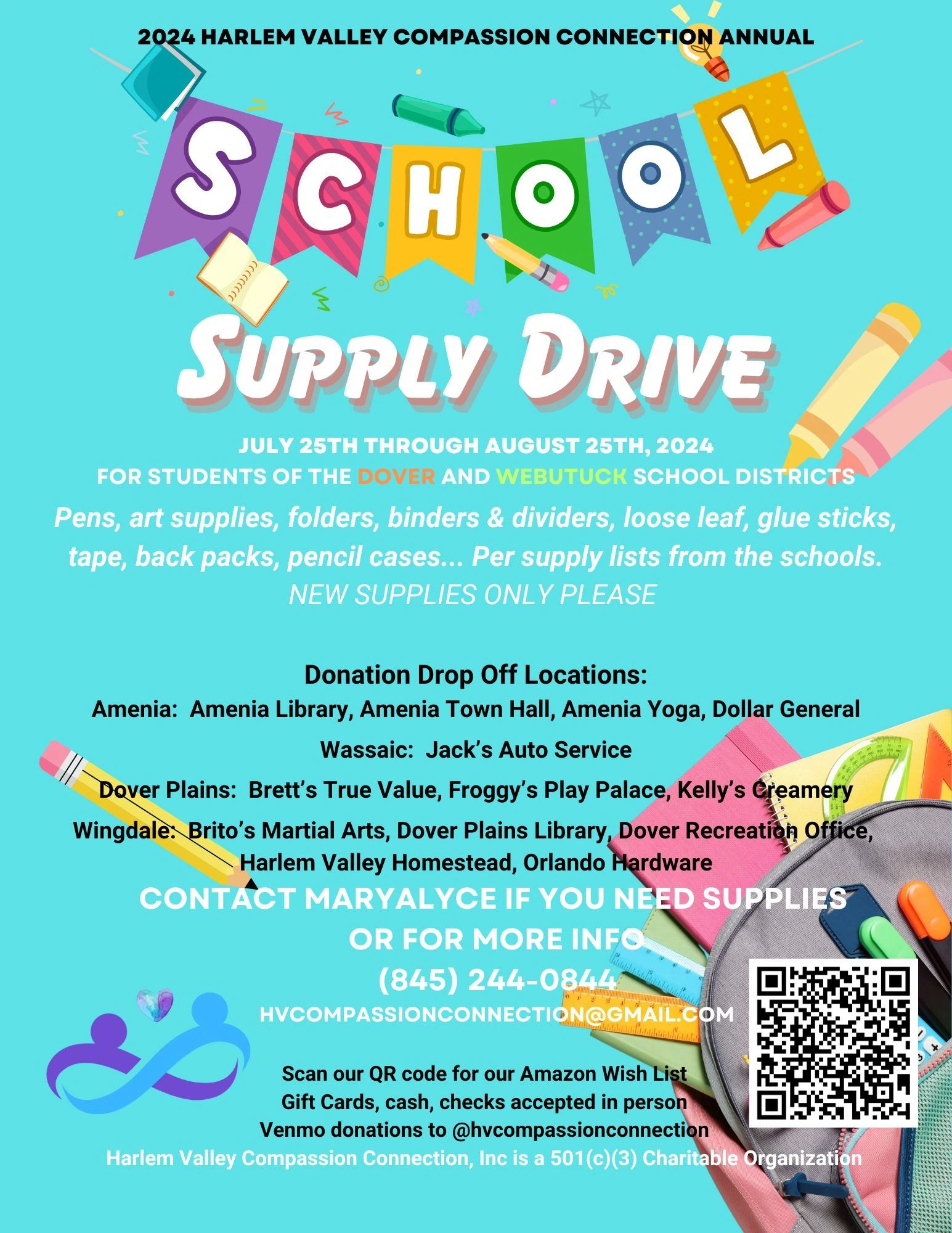 A blue flyer with a ton of information about our upcoming 2024 school supply drive