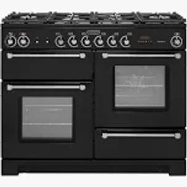 Black dual-oven stove with multiple burners and control knobs.
