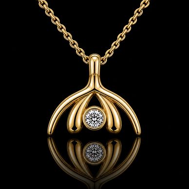 Elegant gold pendant necklace with a central diamond and reflective surface.