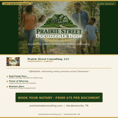 Prairie Street Consulting offers affordable notary services and legal document assistance in Tennessee.