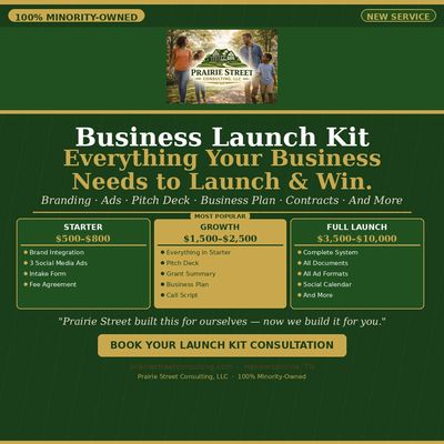 Business Launch Kit services for branding, ads, pitch decks, and more, from Prairie Street Consulting.