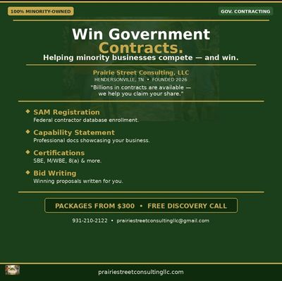 Advertisement for Prairie Street Consulting helping minority businesses win government contracts.