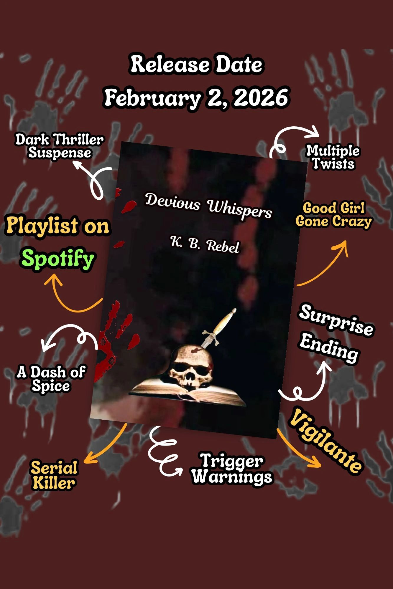 Promotional image for "Devious Whispers" by K.B. Rebel with release date and themes.