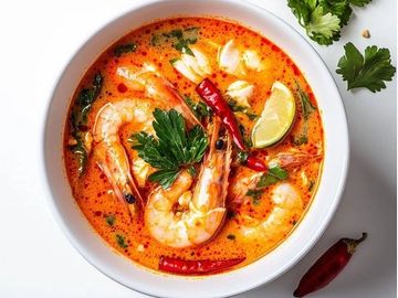 Spicy shrimp soup garnished with lime and fresh herbs.